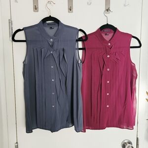 Theory Silk Sleeveless Pleat Accent Button Down Blouse Set Maroon Grey